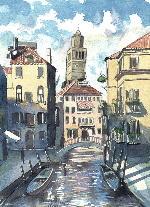 A painting of The Campanile Bell Tower of Santo Stefano in Venice